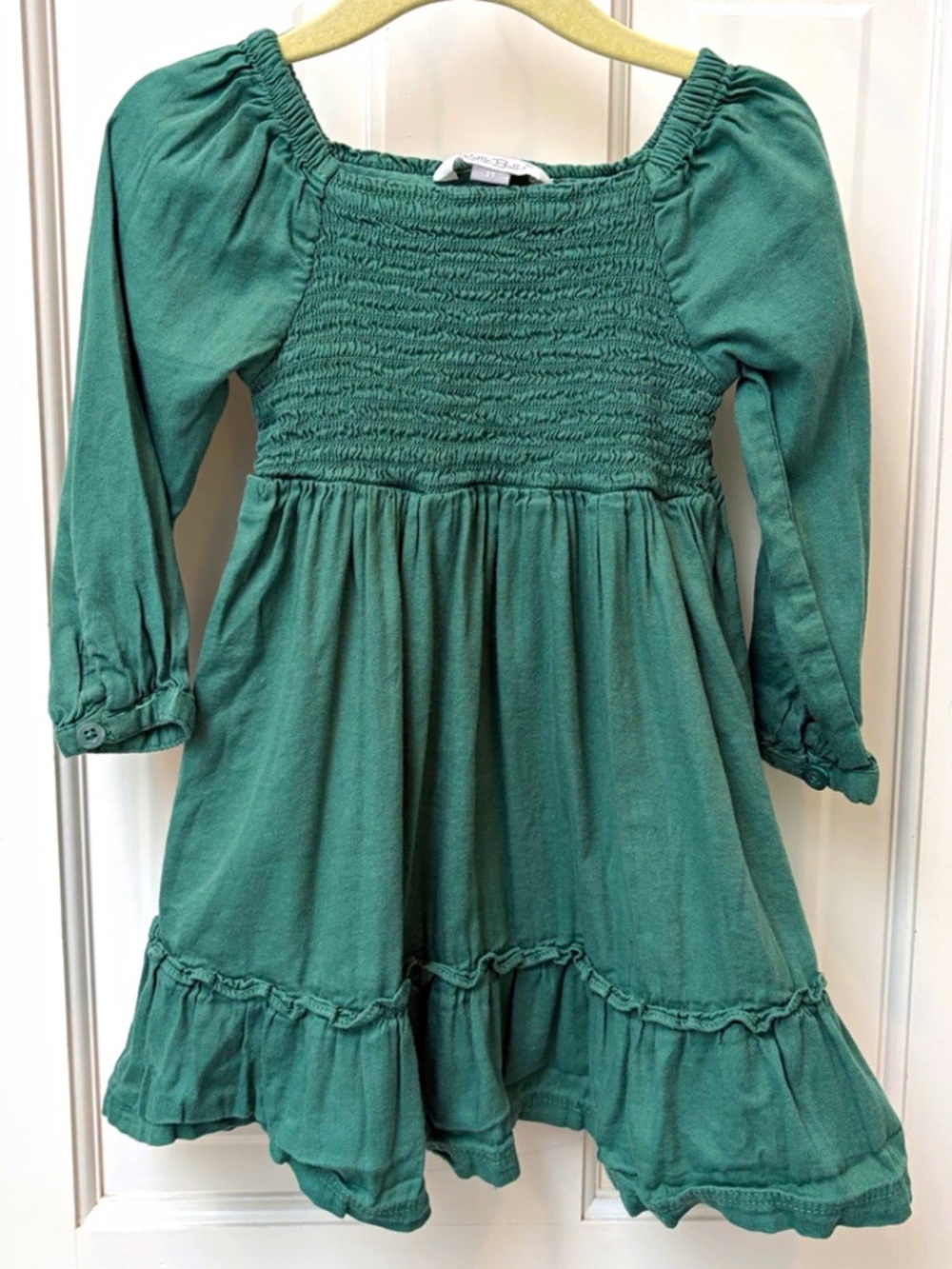RuffleButts Girls Green Fit & Flare Smocked Long Sleeve Ruffle Dress 2T